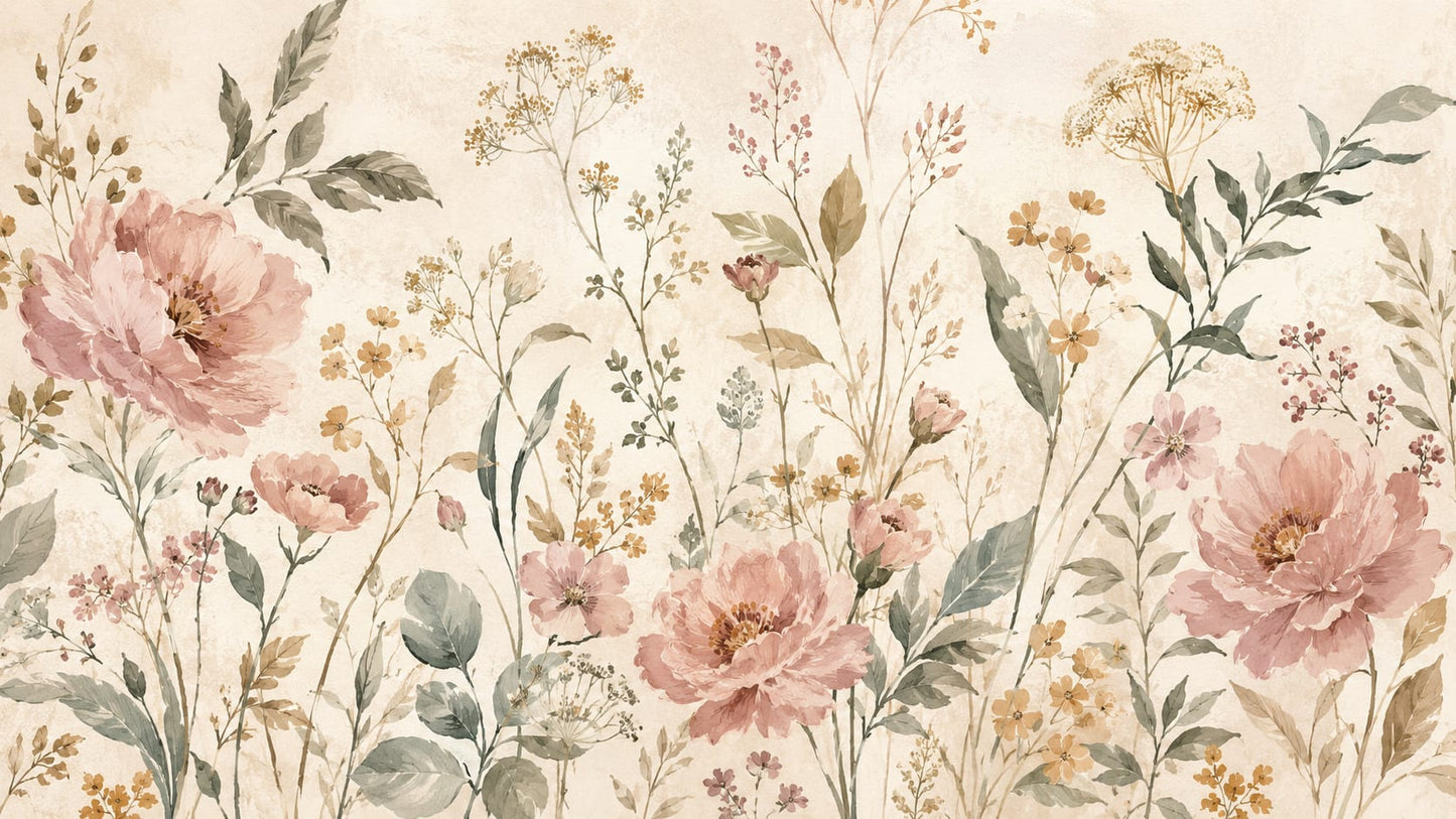 Soft romantic Cream floral blossoms featuring botanical foliage - Wall Mural & Peel and Stick Wallpaper for Watercolor Interiors and Premium Home Styling