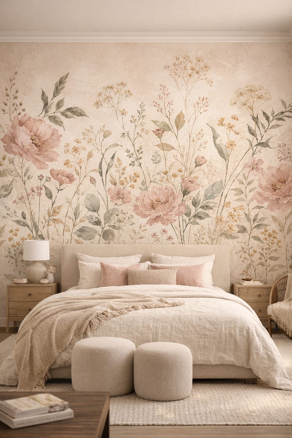 Cream sand floral blossoms featuring botanical foliage - Wall Mural Peel and Stick Wallpaper for Organic Modern Master Bedroom.