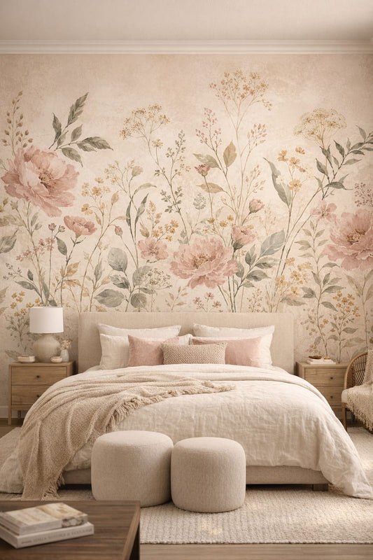 Cream sand floral blossoms featuring botanical foliage - Wall Mural Peel and Stick Wallpaper for Organic Modern Master Bedroom.