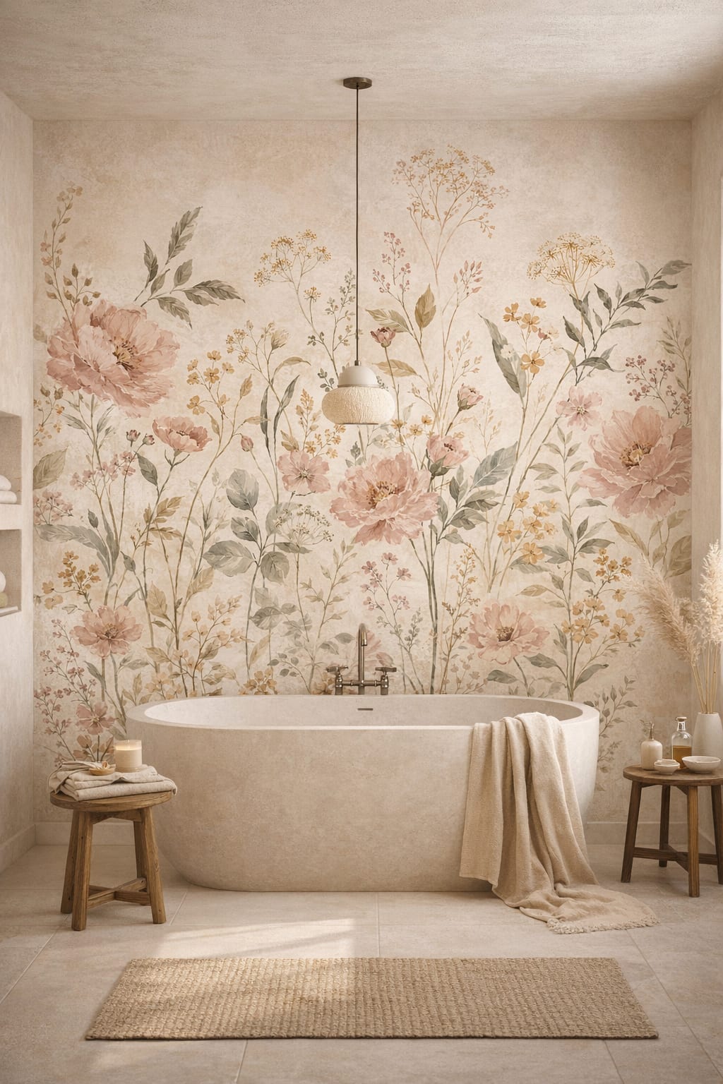 Muted earth-tone Wabi-sabi floral blossoms featuring botanical foliage - Wall Mural Peel and Stick Wallpaper for Wabi-sabi Luxury Bathroom.