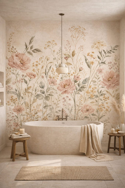 Muted earth-tone Wabi-sabi floral blossoms featuring botanical foliage - Wall Mural Peel and Stick Wallpaper for Wabi-sabi Luxury Bathroom.