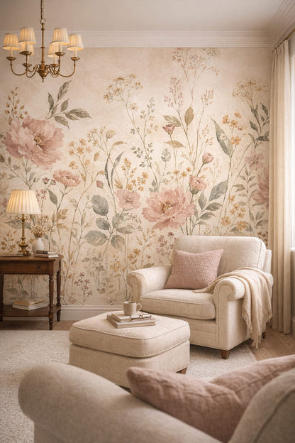 Cream English Cottage floral blossoms featuring botanical foliage - Wall Mural Peel and Stick Wallpaper for English Cottage Reading Corner.