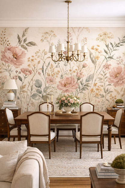 Grandmillennial neutral floral floral blossoms featuring botanical foliage - Wall Mural Peel and Stick Wallpaper for Grandmillennial Formal Dining Room.