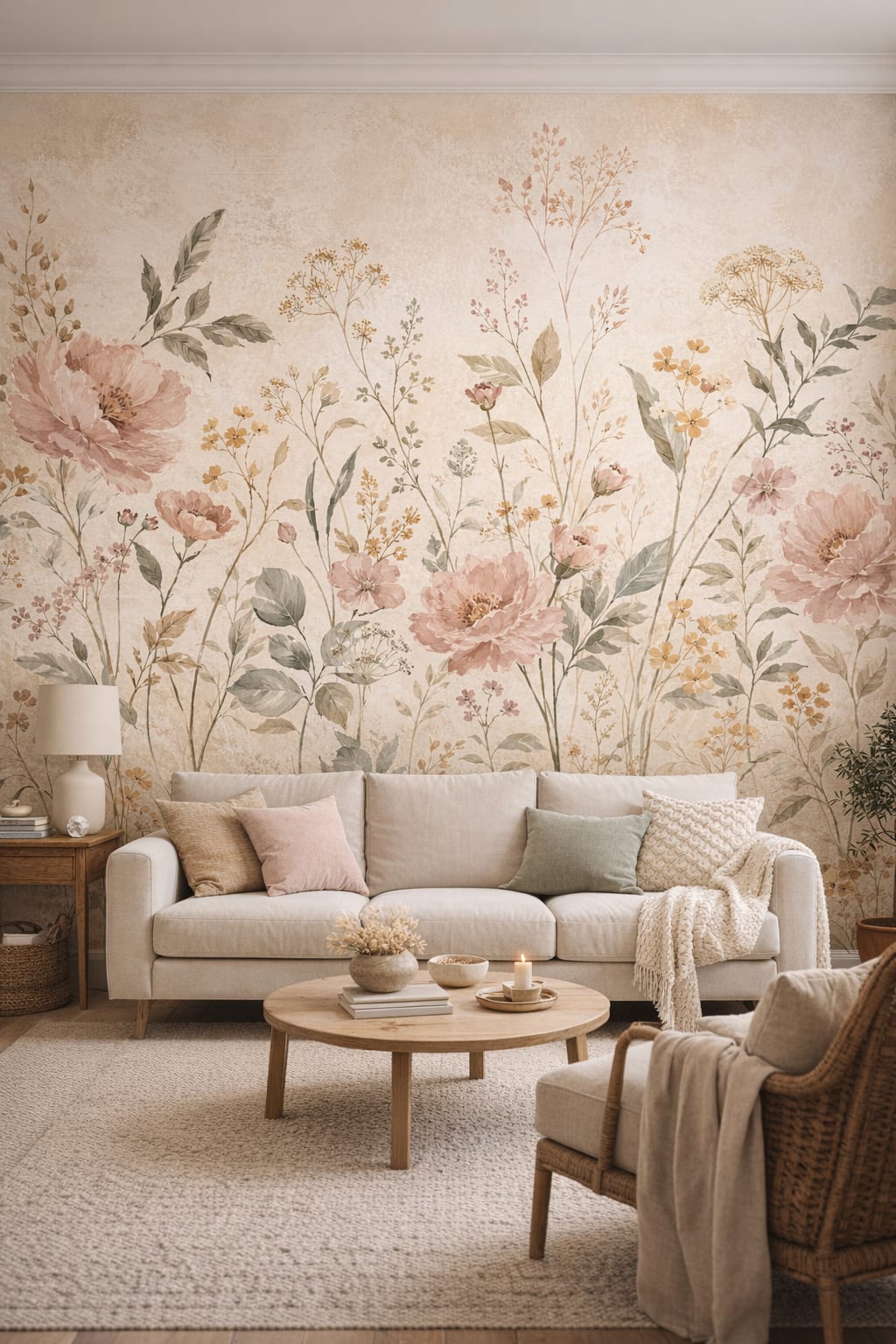 Mediterranean Modern sand floral blossoms featuring botanical foliage - Wall Mural Peel and Stick Wallpaper for Mediterranean Modern Living Room.