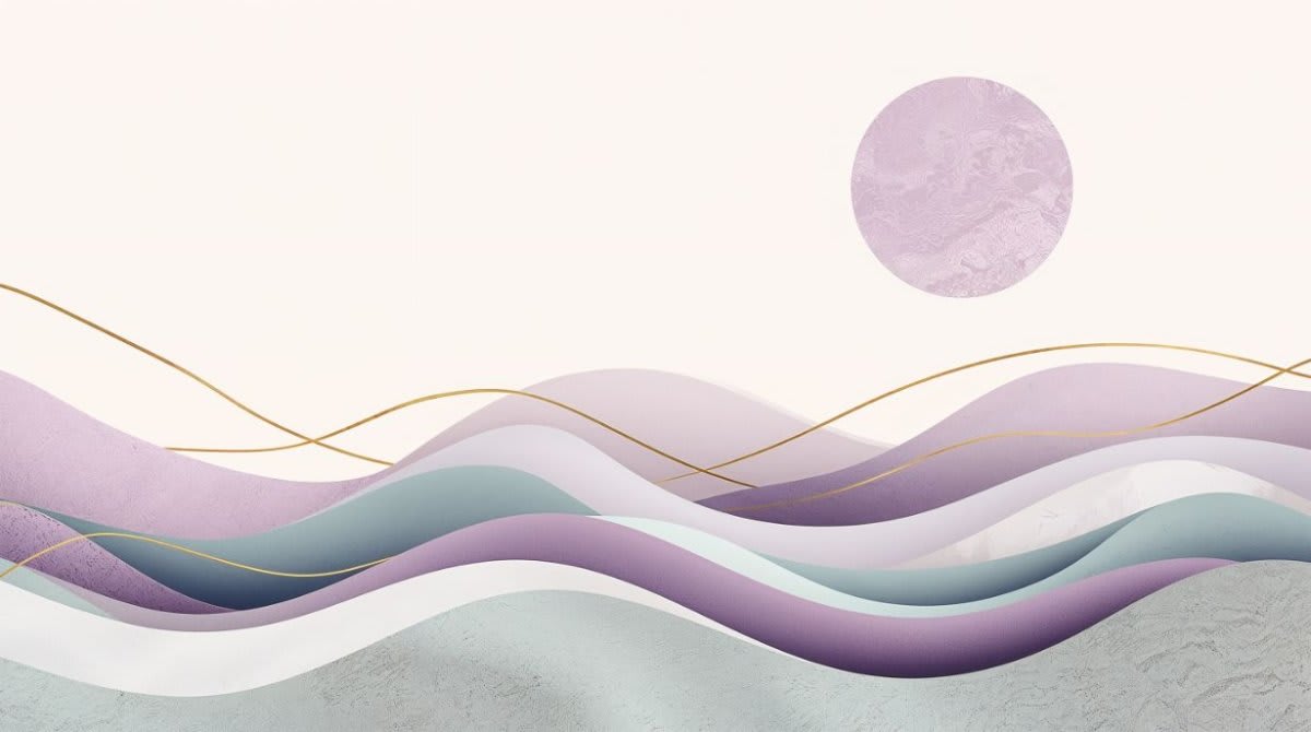 Refined minimalist Lavender abstract waves featuring gold linework and a moon disc - Wall Mural & Peel and Stick Wallpaper for Minimalist Interiors and Premium Home Styling.