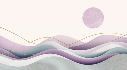 Refined minimalist Lavender abstract waves featuring gold linework and a moon disc - Wall Mural & Peel and Stick Wallpaper for Minimalist Interiors and Premium Home Styling.