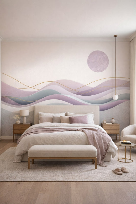 Greige serene abstract waves featuring moon disc - Wall Mural Peel and Stick Wallpaper for Quiet Luxury Master Bedroom.