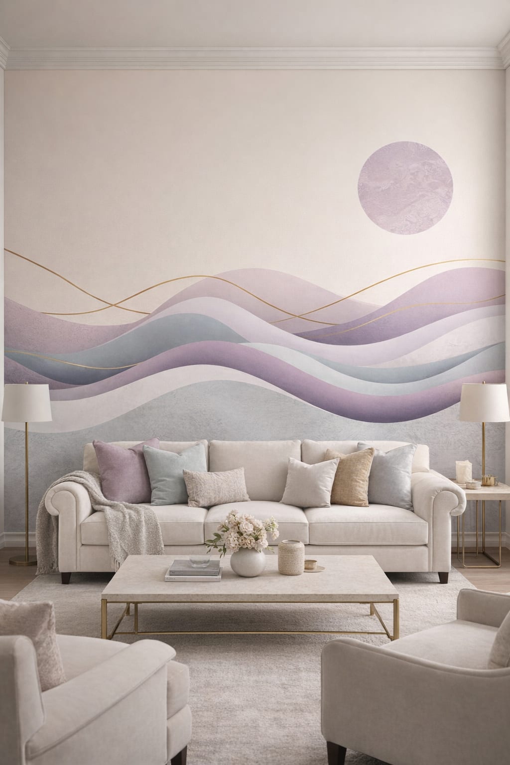 Modern Classic soft lavender abstract waves featuring gold linework - Wall Mural Peel and Stick Wallpaper for Modern Classic Formal Living Room.