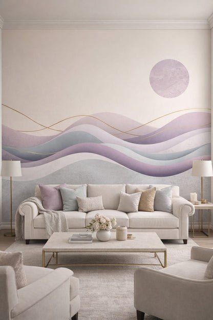 Modern Classic soft lavender abstract waves featuring gold linework - Wall Mural Peel and Stick Wallpaper for Modern Classic Formal Living Room.