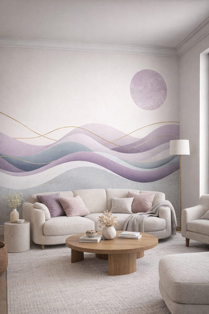 Organic Modern dusty lilac abstract waves featuring gold linework - Wall Mural Peel and Stick Wallpaper for Organic Modern Living Room.
