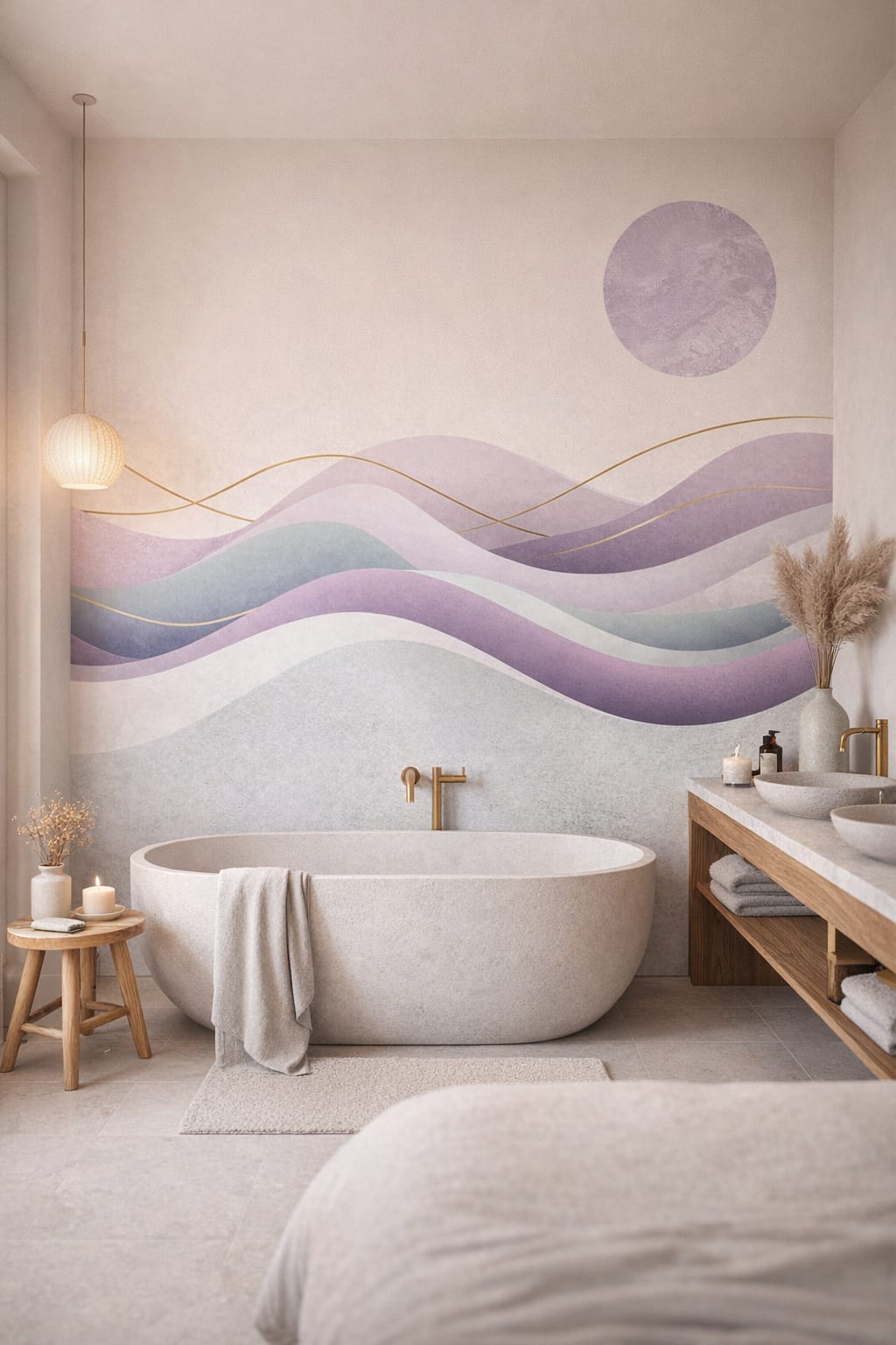 Japandi sand-toned abstract waves featuring moon disc - Wall Mural Peel and Stick Wallpaper for Japandi Luxury Bathroom.