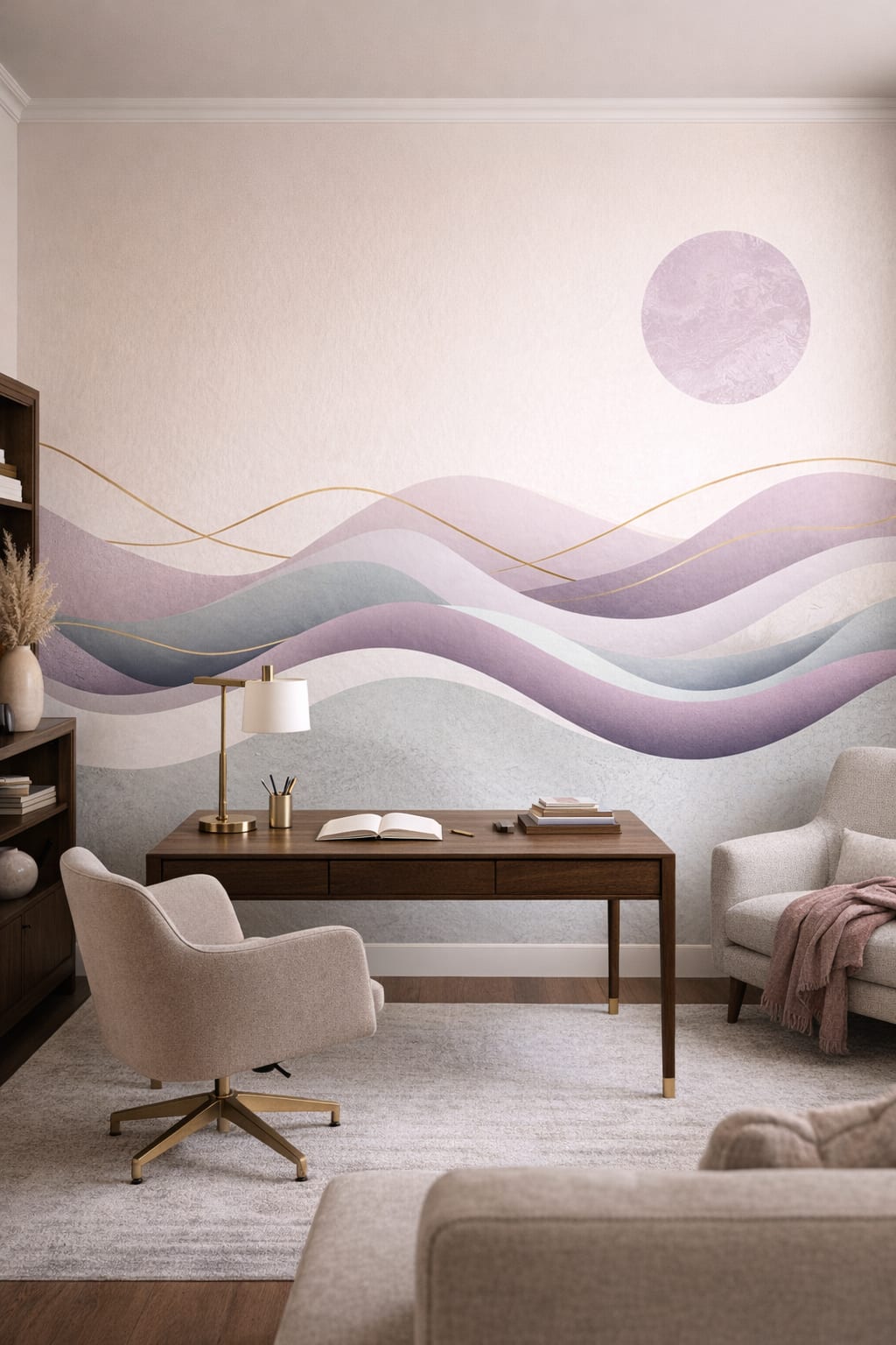 Warm white muted purple abstract waves featuring gold linework - Wall Mural Peel and Stick Wallpaper for Contemporary Executive Home Office.