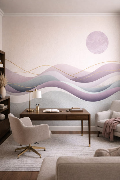 Warm white muted purple abstract waves featuring gold linework - Wall Mural Peel and Stick Wallpaper for Contemporary Executive Home Office.