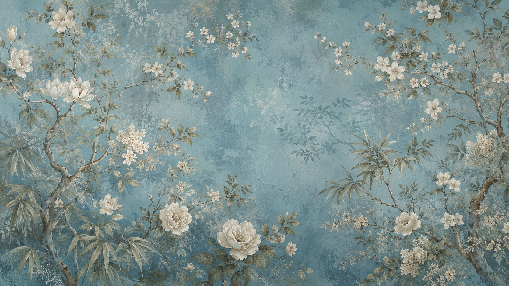Elegant painterly Powder Blue floral blossoms featuring flowering branches and bamboo foliage - Wall Mural & Peel and Stick Wallpaper for Painterly Interiors and Premium Home Styling