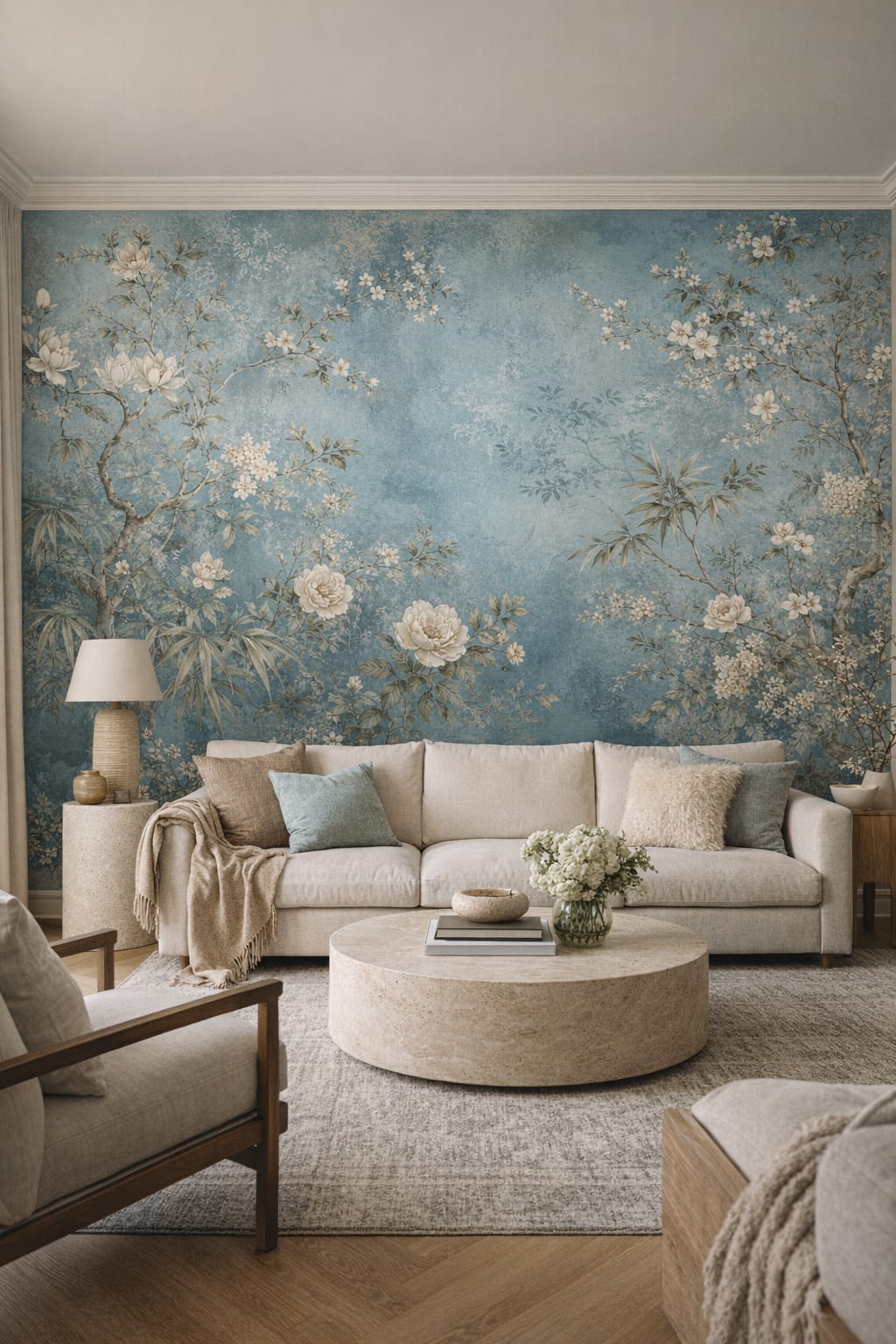 Cream-toned Organic Modern floral blossoms featuring flowering branches - Wall Mural Peel and Stick Wallpaper for Organic Modern Living Room.
