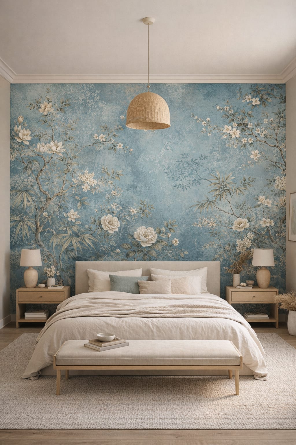 Japandi off-white floral blossoms featuring flowering branches - Wall Mural Peel and Stick Wallpaper for Japandi Master Bedroom.