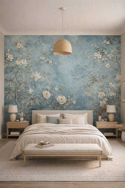 Japandi off-white floral blossoms featuring flowering branches - Wall Mural Peel and Stick Wallpaper for Japandi Master Bedroom.