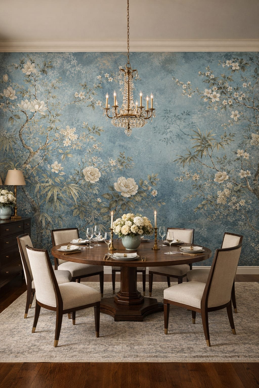 Chinoiserie blue-white floral blossoms featuring bamboo foliage - Wall Mural Peel and Stick Wallpaper for Chinoiserie Formal Dining Room.