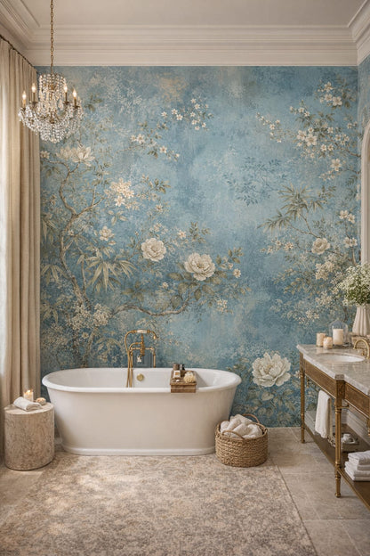 Art Nouveau cream-toned floral blossoms featuring bamboo foliage - Wall Mural Peel and Stick Wallpaper for Art Nouveau Luxury Bathroom.