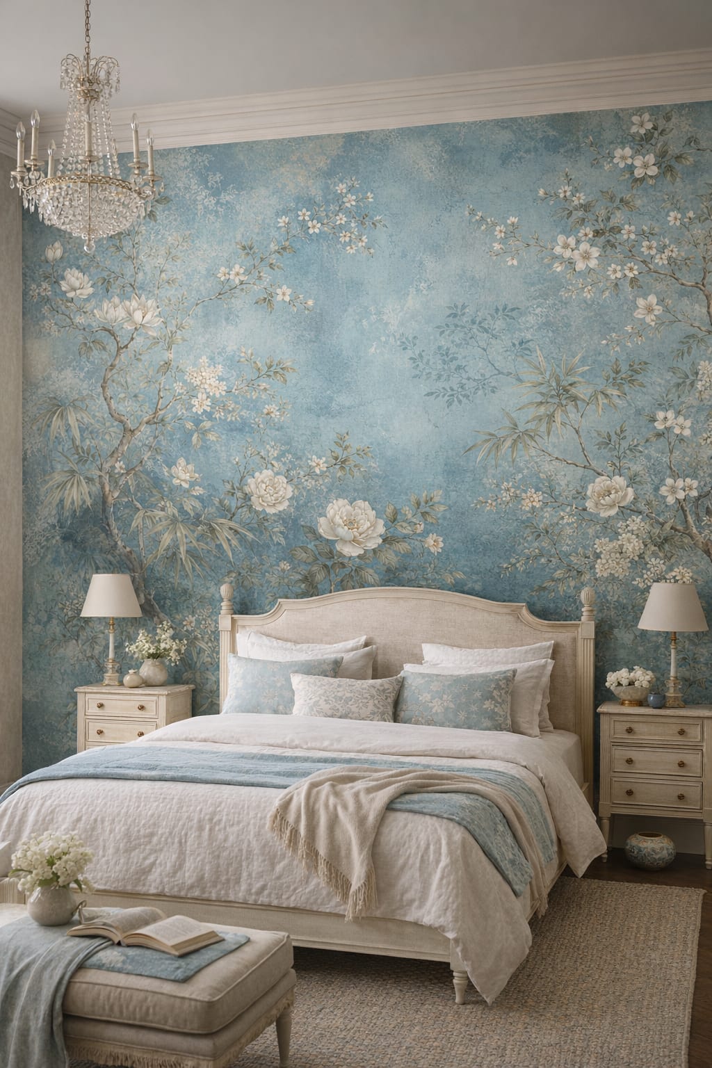 Gustavian bluish-gray floral blossoms featuring bamboo foliage - Wall Mural Peel and Stick Wallpaper for Gustavian (Swedish) Guest Bedroom.