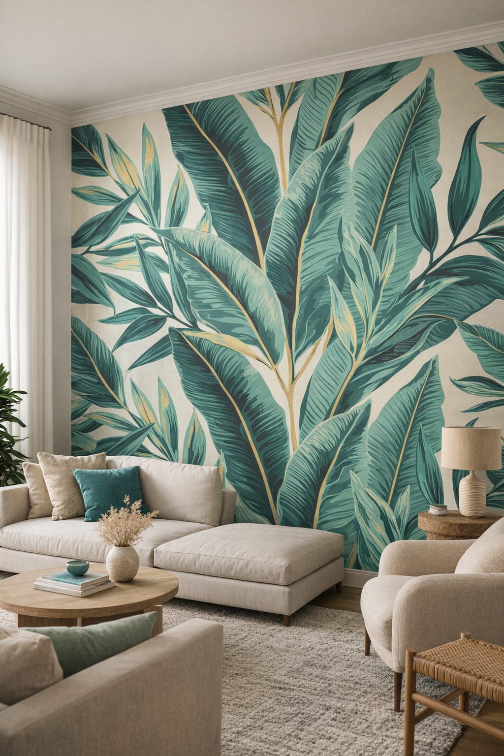 White-green Tropical Modern tropical leaves featuring botanical foliage - Wall Mural Peel and Stick Wallpaper for Tropical Modern Living Room.