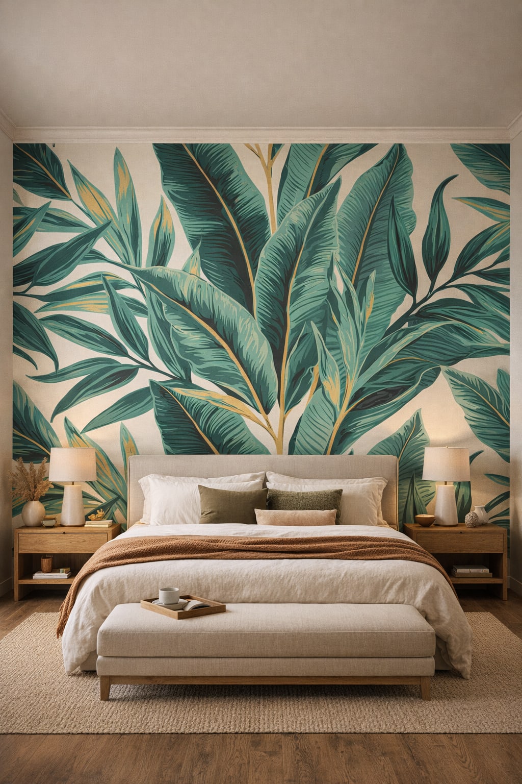 Cream organic modern tropical leaves featuring botanical foliage - Wall Mural Peel and Stick Wallpaper for Organic Modern Master Bedroom.