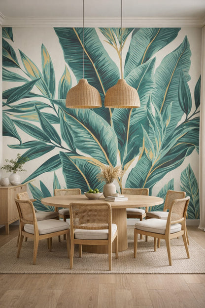 Coastal blue-and-sand tropical leaves featuring botanical foliage - Wall Mural Peel and Stick Wallpaper for Coastal Dining Room.