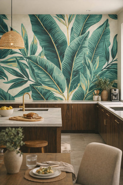 Biophilic green-neutral tropical leaves featuring botanical foliage - Wall Mural Peel and Stick Wallpaper for Biophilic Design High-end Kitchen.