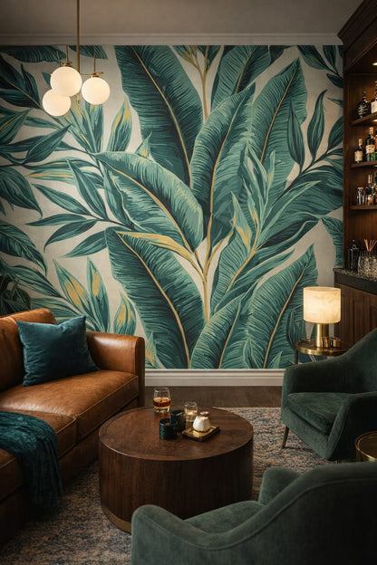 Earthy Global Fusion tropical leaves featuring botanical foliage - Wall Mural Peel and Stick Wallpaper for Global Fusion Bar/Lounge.