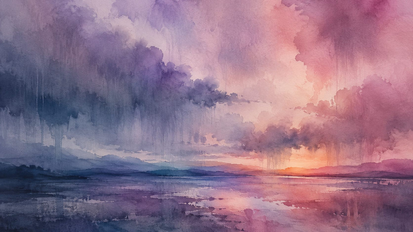 Atmospheric Dreamy Dusty Blue Abstract Landscape featuring water reflections and sunset - Wall Mural & Peel and Stick Wallpaper for Watercolor Interiors and Premium Home Styling