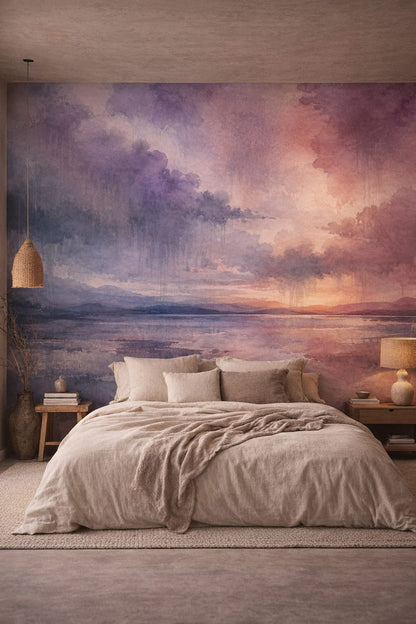 Muted-earth Wabi-sabi abstract landscape featuring sunset - Wall Mural Peel and Stick Wallpaper for Wabi-sabi Master Bedroom.