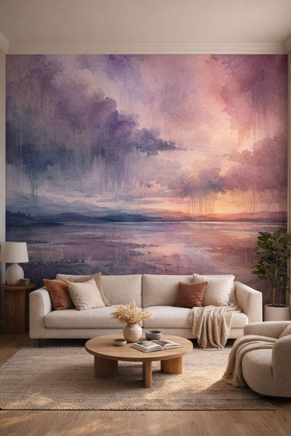 Cream sand abstract landscape featuring sunset - Wall Mural Peel and Stick Wallpaper for Organic Modern Living Room.