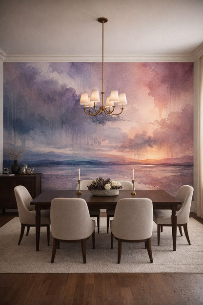 Quiet Luxury greige abstract landscape featuring sunset - Wall Mural Peel and Stick Wallpaper for Quiet Luxury Formal Dining Room.