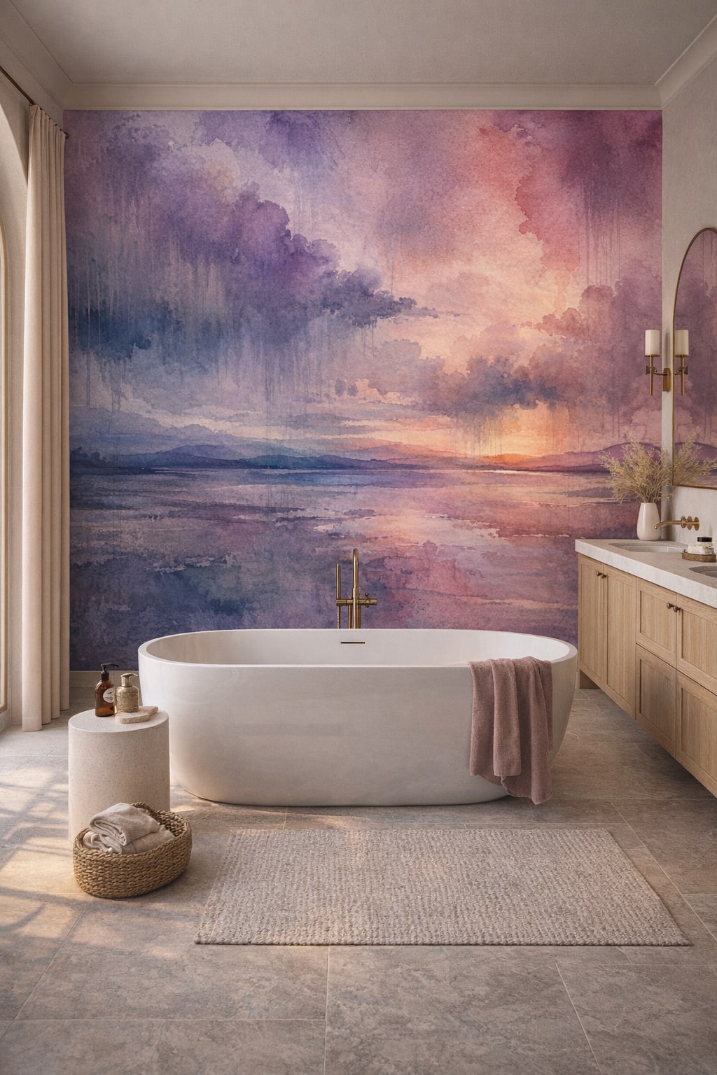 Mediterranean Modern white-sand abstract landscape featuring sunset - Wall Mural Peel and Stick Wallpaper for Mediterranean Modern Luxury Bathroom.