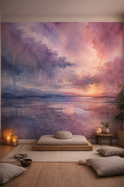 Zen soft-neutral abstract landscape featuring sunset - Wall Mural Peel and Stick Wallpaper for Zen Meditation Room.