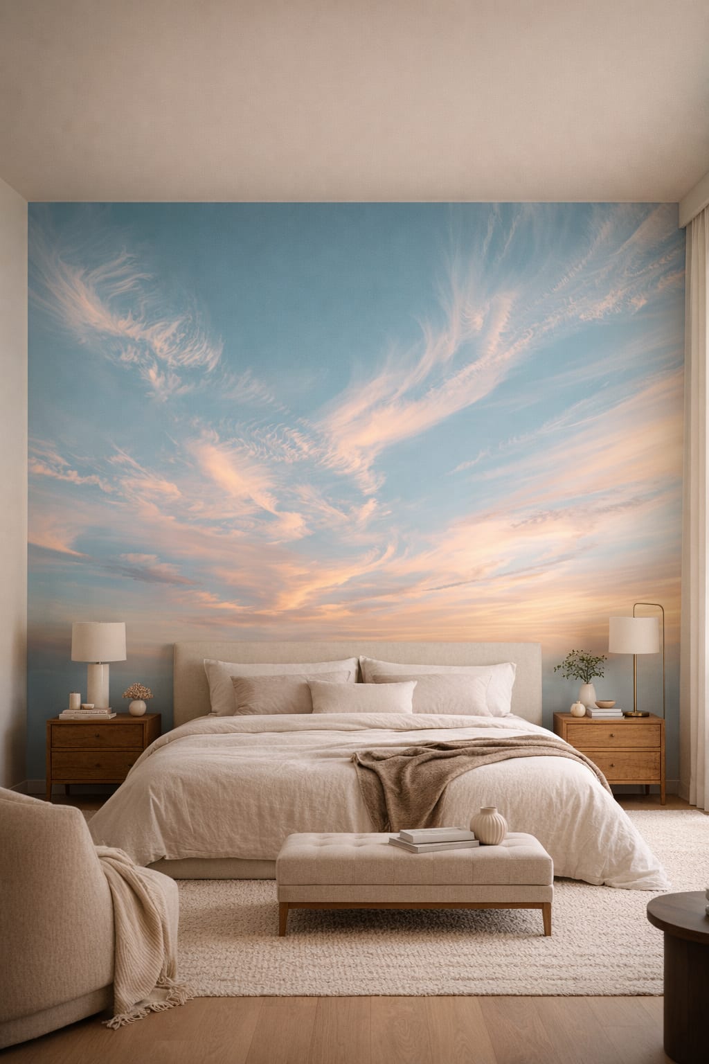 Refined soft charcoal clouds - Wall Mural Peel and Stick Wallpaper for Quiet Luxury Master Bedroom.