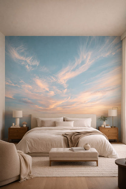 Refined soft charcoal clouds - Wall Mural Peel and Stick Wallpaper for Quiet Luxury Master Bedroom.