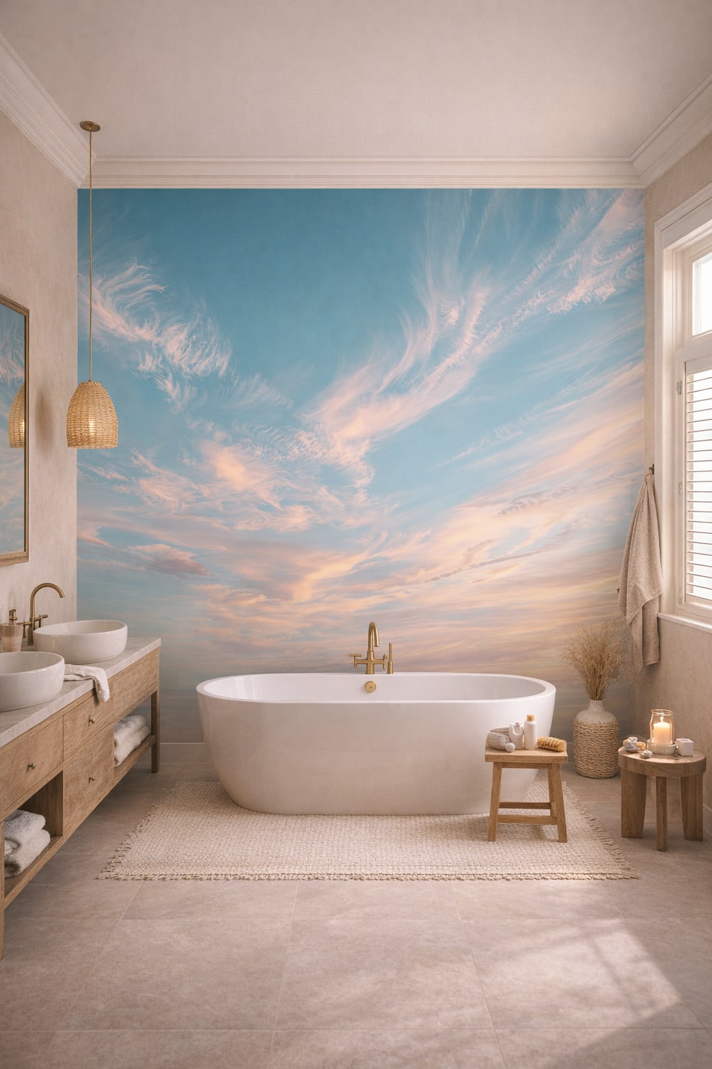 Coastal Blue clouds - Wall Mural Peel and Stick Wallpaper for Coastal Luxury Bathroom.