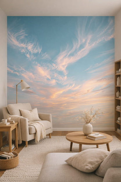 Scandinavian white clouds - Wall Mural Peel and Stick Wallpaper for Scandinavian Reading Corner.