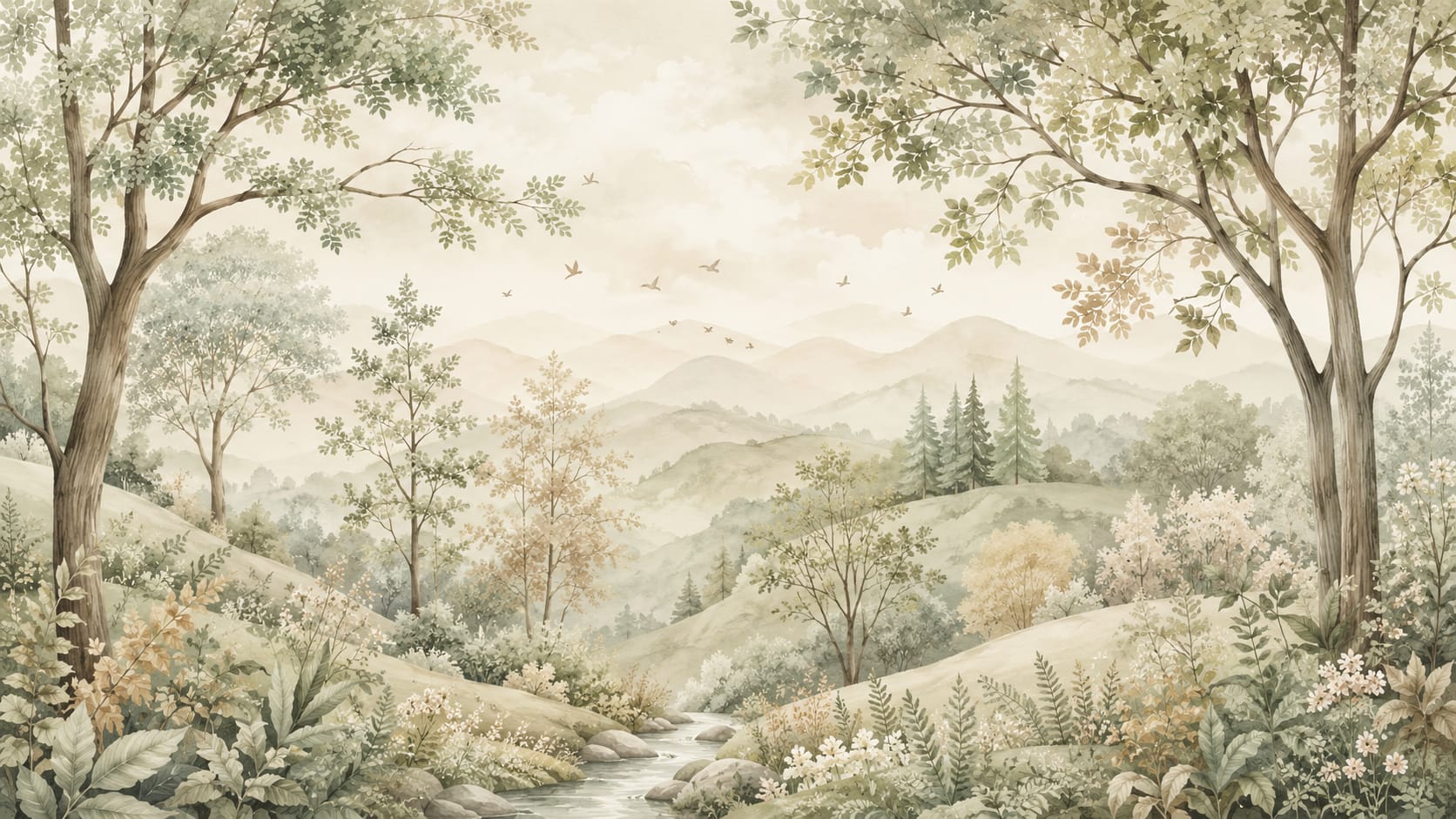 Airy painterly Sage Green woodland landscape featuring stream and wildflowers - Wall Mural & Peel and Stick Wallpaper for Watercolor Interiors and Premium Home Styling