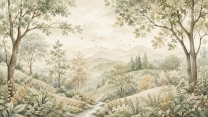 Airy painterly Sage Green woodland landscape featuring stream and wildflowers - Wall Mural & Peel and Stick Wallpaper for Watercolor Interiors and Premium Home Styling