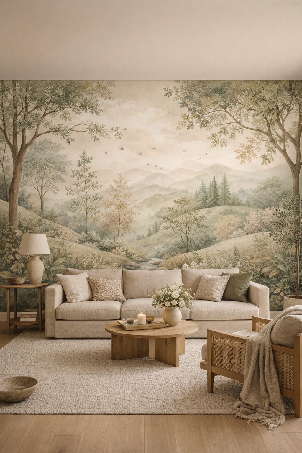 Cream-toned Organic Modern woodland landscape featuring a stream - Wall Mural Peel and Stick Wallpaper for Organic Modern Living Room.