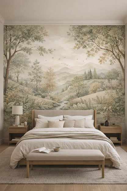 Japandi sand-toned woodland landscape featuring a stream - Wall Mural Peel and Stick Wallpaper for Japandi Master Bedroom.