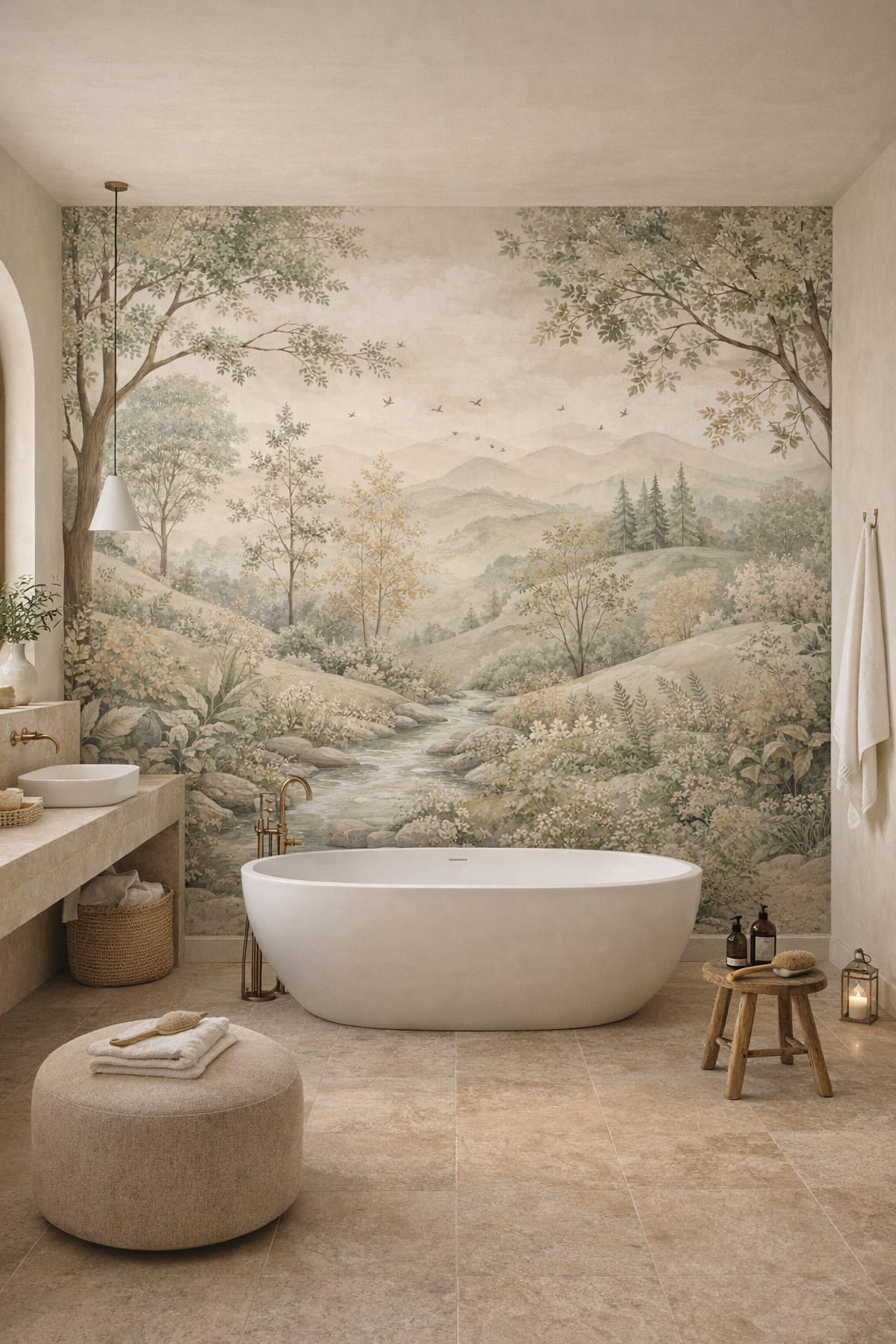 Mediterranean sand-toned woodland landscape featuring stream - Wall Mural Peel and Stick Wallpaper for Mediterranean Modern Luxury Bathroom.
