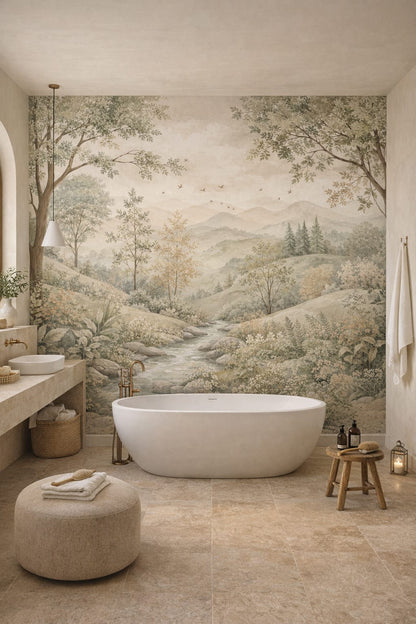 Mediterranean sand-toned woodland landscape featuring stream - Wall Mural Peel and Stick Wallpaper for Mediterranean Modern Luxury Bathroom.