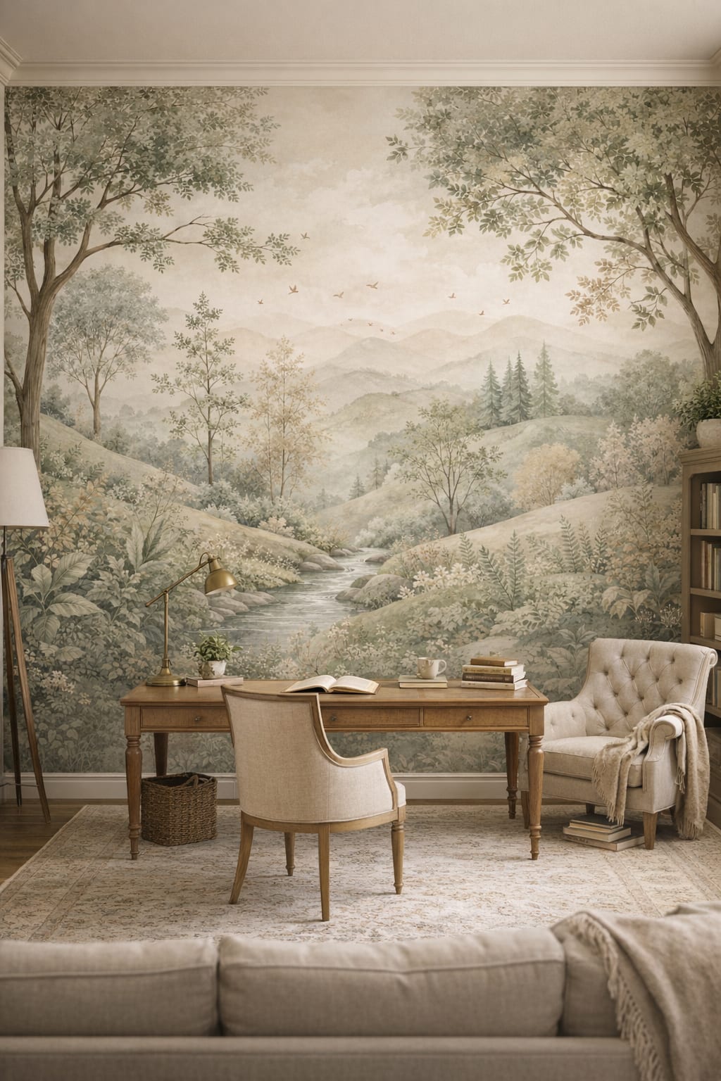Scholarly cream woodland landscape featuring a stream - Wall Mural Peel and Stick Wallpaper for Light Academia Executive Home Office.