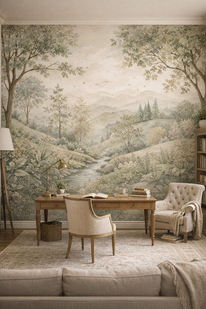Scholarly cream woodland landscape featuring a stream - Wall Mural Peel and Stick Wallpaper for Light Academia Executive Home Office.