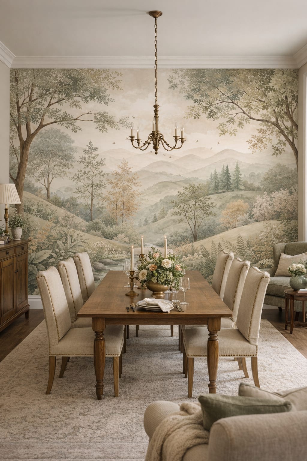 English Cottage green-cream woodland landscape featuring stream - Wall Mural Peel and Stick Wallpaper for English Cottage Formal Dining Room