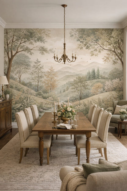 English Cottage green-cream woodland landscape featuring stream - Wall Mural Peel and Stick Wallpaper for English Cottage Formal Dining Room