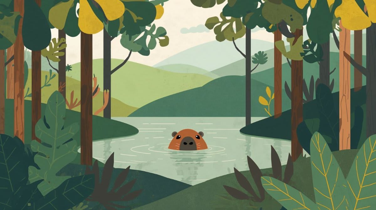 Whimsical Scandi Green forest animal featuring cute otter in lake, trees and foliage - Wall Mural & Peel and Stick Wallpaper for Animal Scandi Nursery or Kids Room.